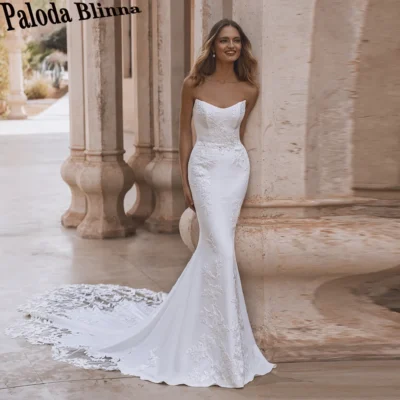 Paloda Bohemian Strapless Wedding Dresses for Women Lace Appliques Trumpet Button Bridal Dress Vestidos De Novia Customized