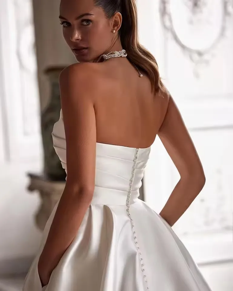 Simple A Line Wedding Gown For Women Sweetheart Pleats Customized Wedding Dress Long Reception Party Bride Dress Customized - Image 4