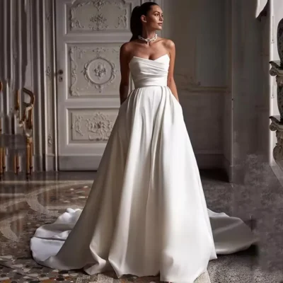 Simple A Line Wedding Gown For Women Sweetheart Pleats Customized Wedding Dress Long Reception Party Bride Dress Customized