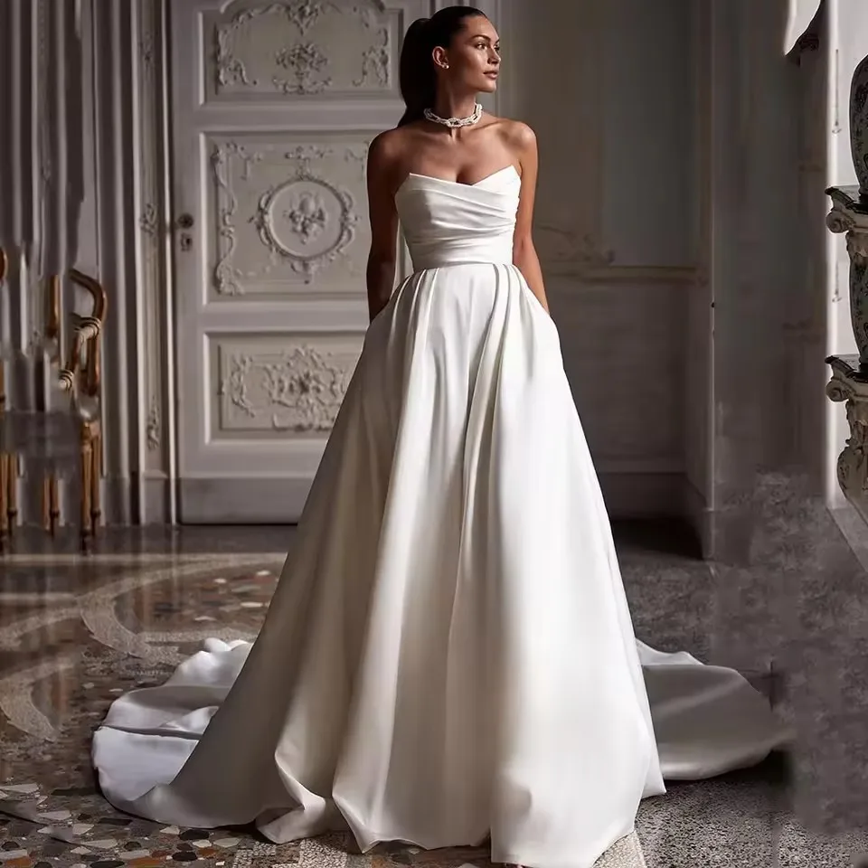 Simple A Line Wedding Gown For Women Sweetheart Pleats Customized Wedding Dress Long Reception Party Bride Dress Customized