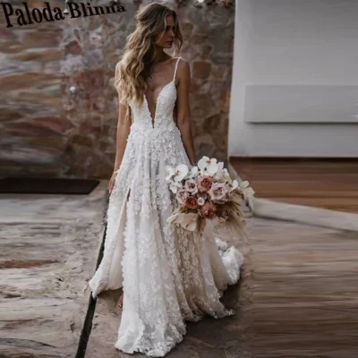 Paloda Stylish Slit Bridal Dress V-neck Backless Spaghetti Straps Court Train Sleeveless Vestidos De Novia Customised