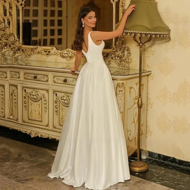 Elegant A-Line Wedding Dresses Double V-Neck Sleeveless Satin Bridal Dress Boho White Customize To Measures Stunning - Image 2
