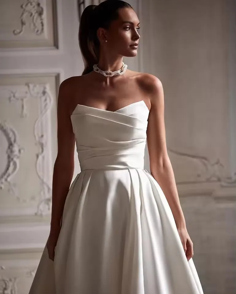 Simple A Line Wedding Gown For Women Sweetheart Pleats Customized Wedding Dress Long Reception Party Bride Dress Customized - Image 3