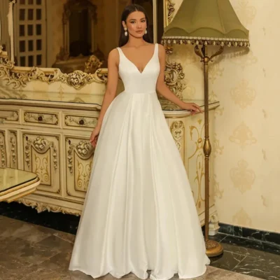 Elegant A-Line Wedding Dresses Double V-Neck Sleeveless Satin Bridal Dress Boho White Customize To Measures Stunning