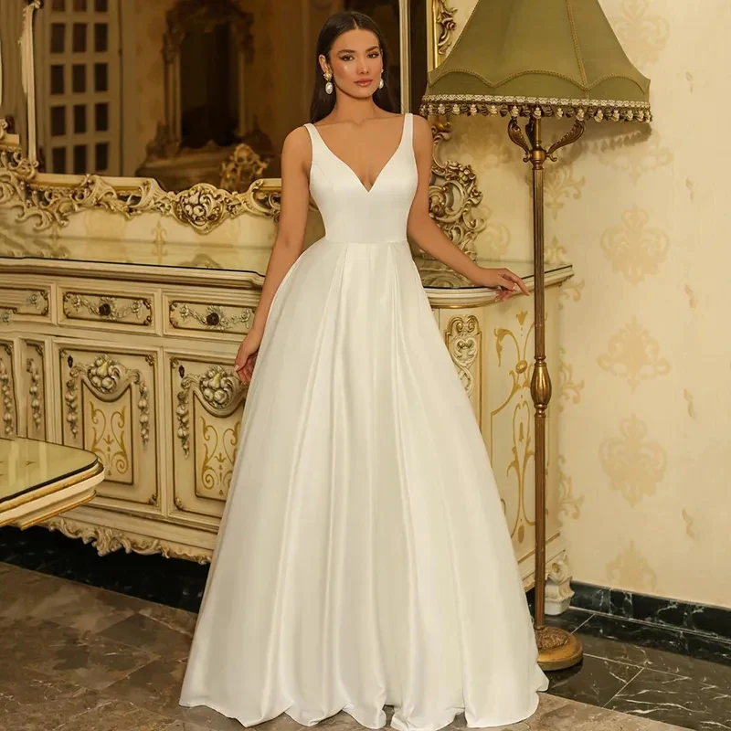 Elegant A-Line Wedding Dresses Double V-Neck Sleeveless Satin Bridal Dress Boho White Customize To Measures Stunning
