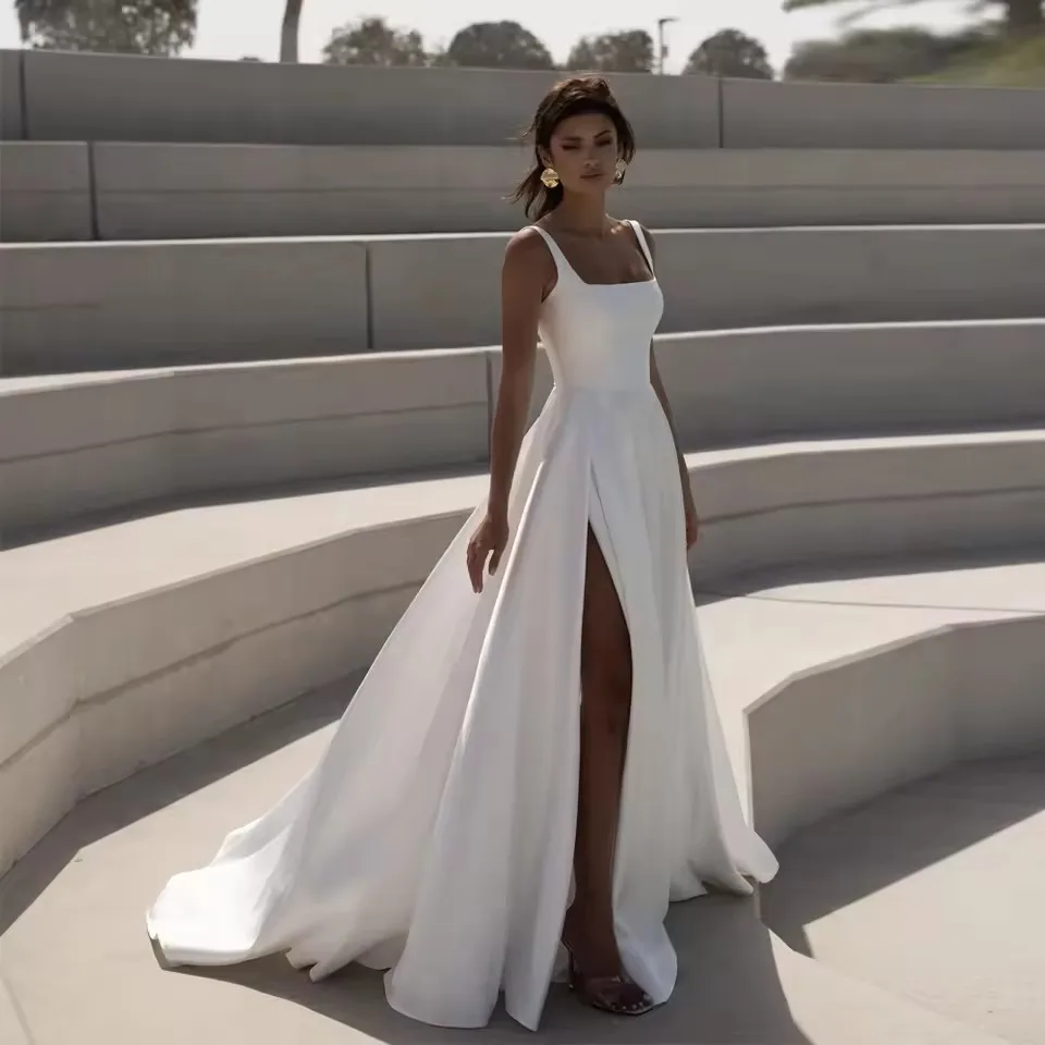 Customized Simple Square Wedding Dresses Sleeveless High Slit Half Open Back Bridal Growns A Line Satin Vestidos De Novia