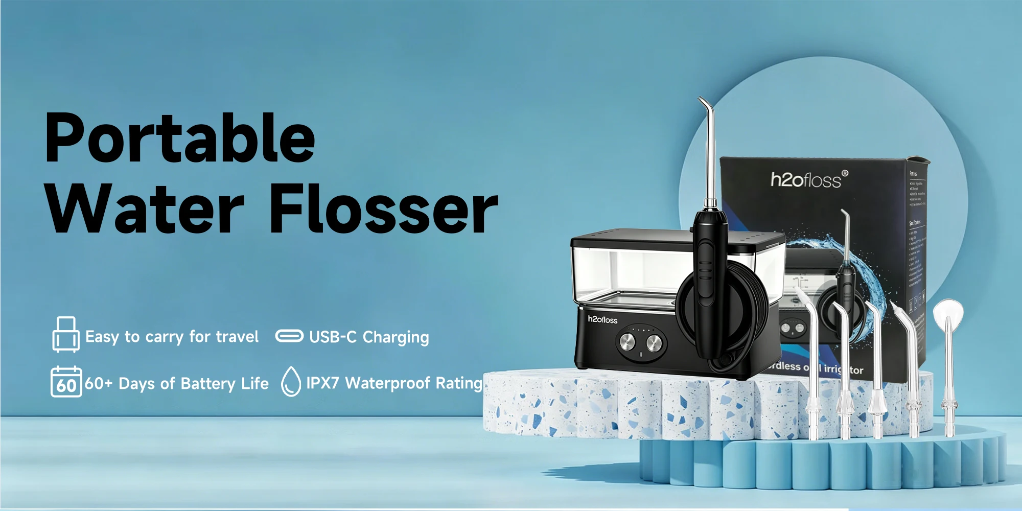 H2ofloss High-Pressure Water Flosser 570ml Large Tank 6 Modes 45-125PSI Rechargeable Dental Irrigator Portable Travel Set - Image 9