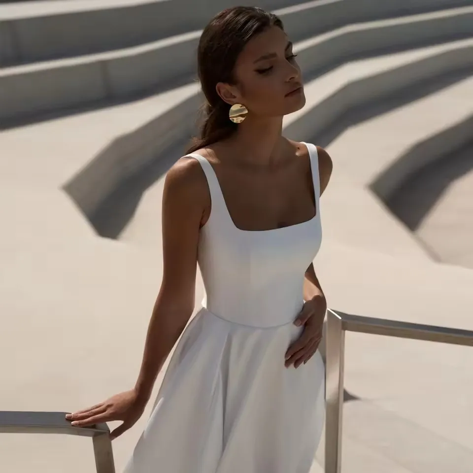 Customized Simple Square Wedding Dresses Sleeveless High Slit Half Open Back Bridal Growns A Line Satin Vestidos De Novia - Image 3