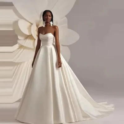 Wedding Dresses Africa Bridal Gown Small V Neck Sleeveless Pleat Body Draped A Line Satin Bride Dresses Sweep Train Customized